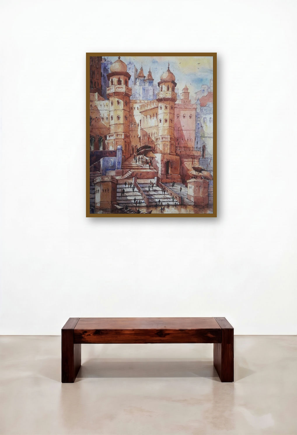 Banaras Ghat 1 (Varanasi Ghat in Morning Light) by artist Shubhashis Mandal displayed in a Japandi Reception Area