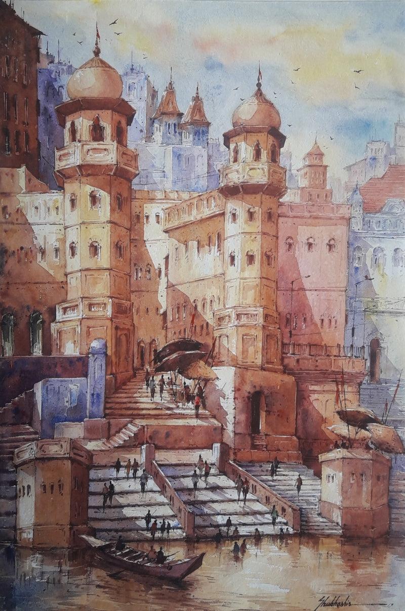Religious watercolor painting titled 'Banaras Ghat 1', 22x15 inches, by artist SHUBHASHIS MANDAL on Handmade paper