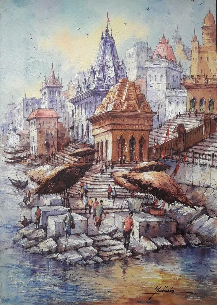 Cityscape watercolor painting titled 'Banaras Ghat 10', 22x15 inches, by artist SHUBHASHIS MANDAL on Handmade Paper