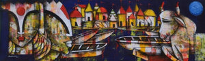 Figurative acrylic painting titled 'Banaras Ghat 11', 78x24 inches, by artist Anupam Pal on CANVAS