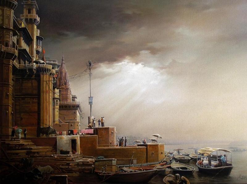 Cityscape oil painting titled 'Banaras Ghat 11', 30x40 inches, by artist Amit Bhar on Canvas