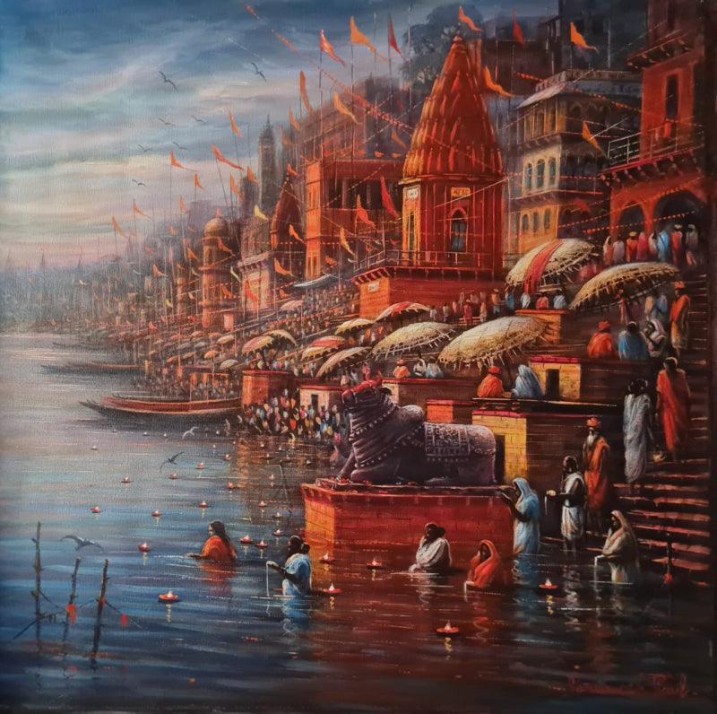 Religious acrylic painting titled 'Banaras Ghat 12', 24x24 inches, by artist Paramesh Paul on Canvas