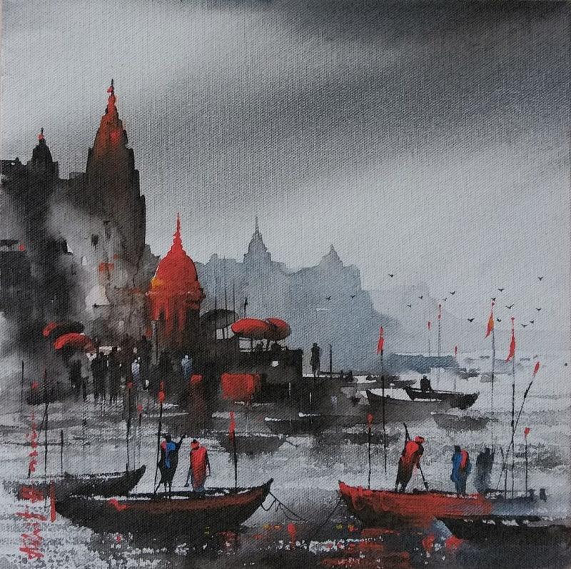 Cityscape acrylic painting titled 'Banaras Ghat 12', 12x12 inches, by artist Ashif Hossain on Canvas