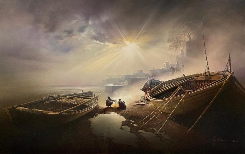 Cityscape oil painting titled 'Banaras Ghat 12', 30x48 inches, by artist Amit Bhar on Canvas