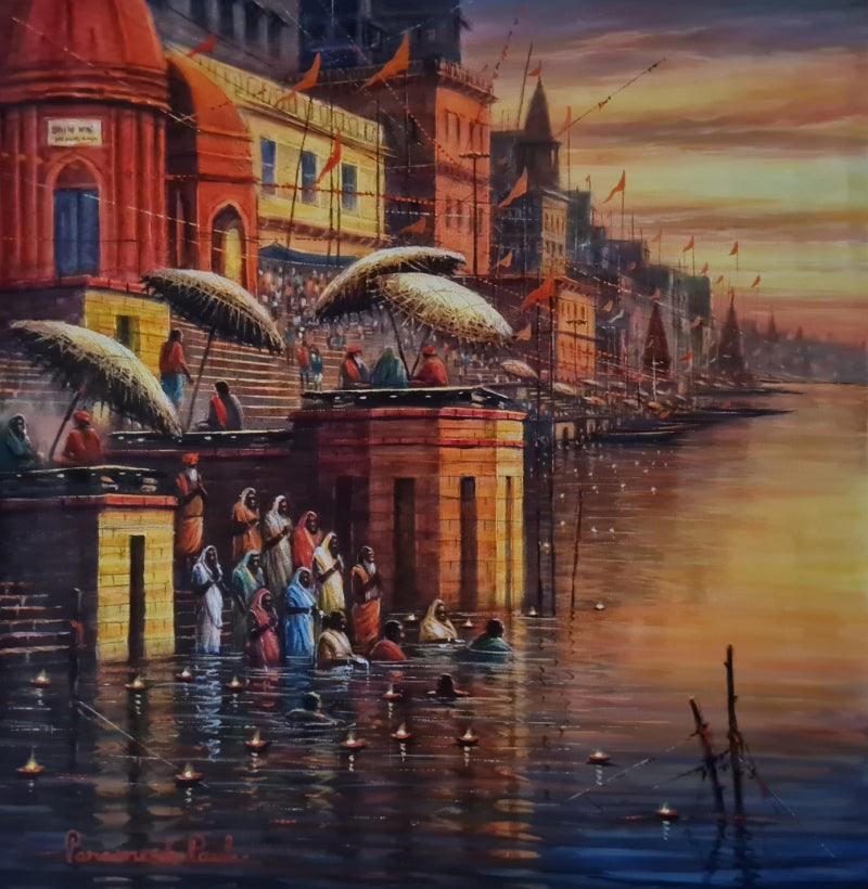 Religious acrylic painting titled 'Banaras Ghat 13', 24x24 inches, by artist Paramesh Paul on Canvas