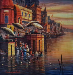 Religious acrylic painting titled 'Banaras Ghat 13', 24x24 inches, by artist Paramesh Paul on Canvas