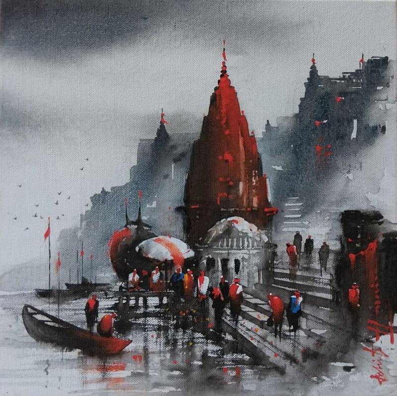 Cityscape acrylic painting titled 'Banaras Ghat 14', 12x12 inches, by artist Ashif Hossain on Canvas