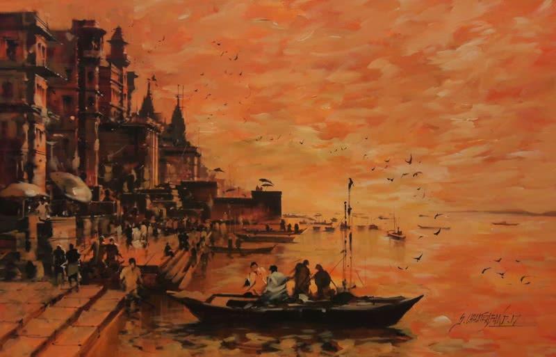 Cityscape acrylic painting titled 'Banaras Ghat 15', 33x51 inches, by artist Sandeep Chhatraband on Canvas