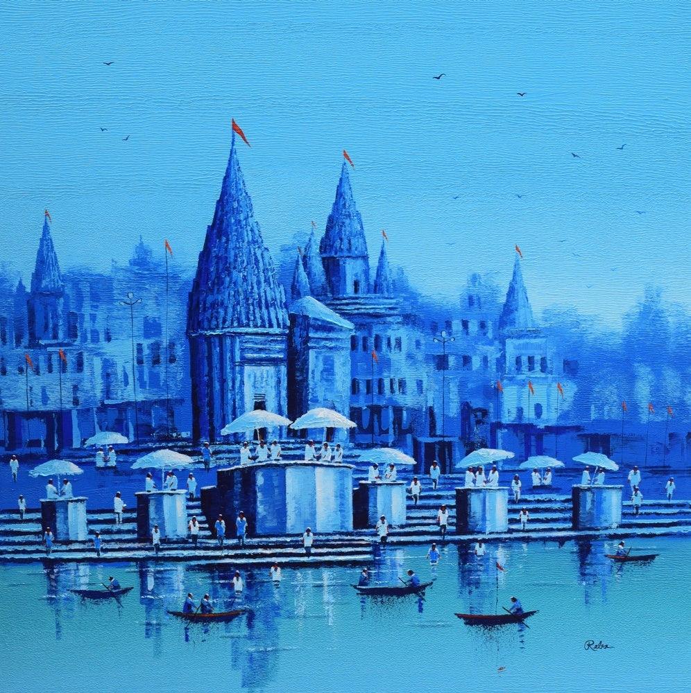 Cityscape acrylic painting titled 'Banaras Ghat 15', 36x36 inches, by artist Reba Mandal on Canvas