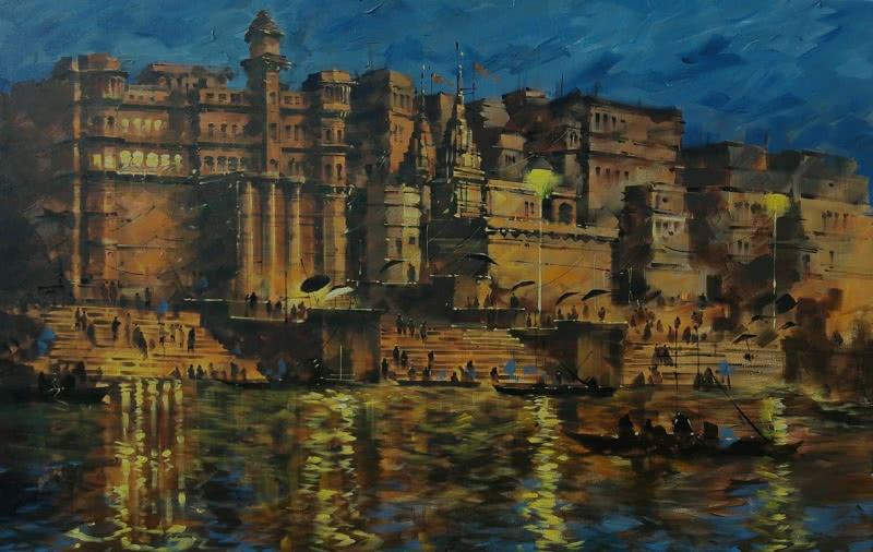 Cityscape acrylic painting titled 'Banaras Ghat 18', 33x51 inches, by artist Sandeep Chhatraband on Canvas