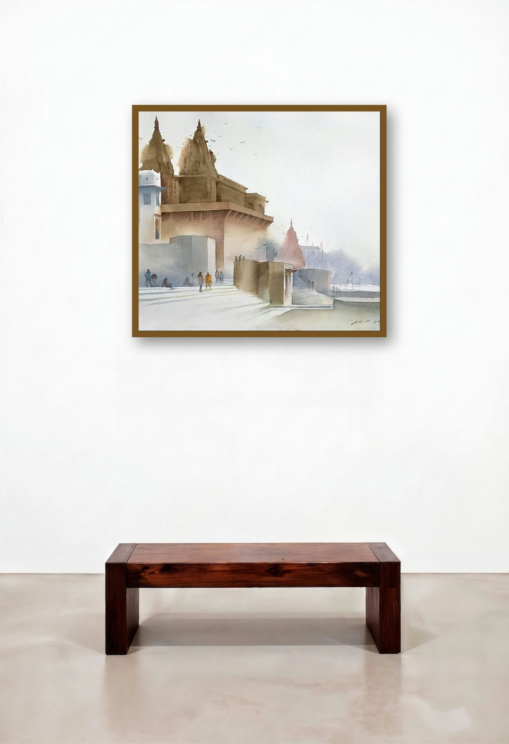 Banaras Ghat 2 (Varanasi Temples) by artist Amit Dhane displayed in a Mid-Century Modern Executive Office