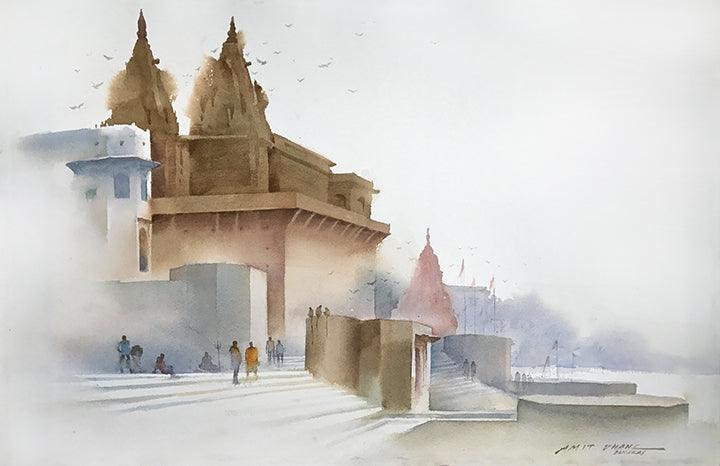 Religious watercolor painting titled 'Banaras Ghat 2', 14x21 inches, by artist Amit Dhane on Paper