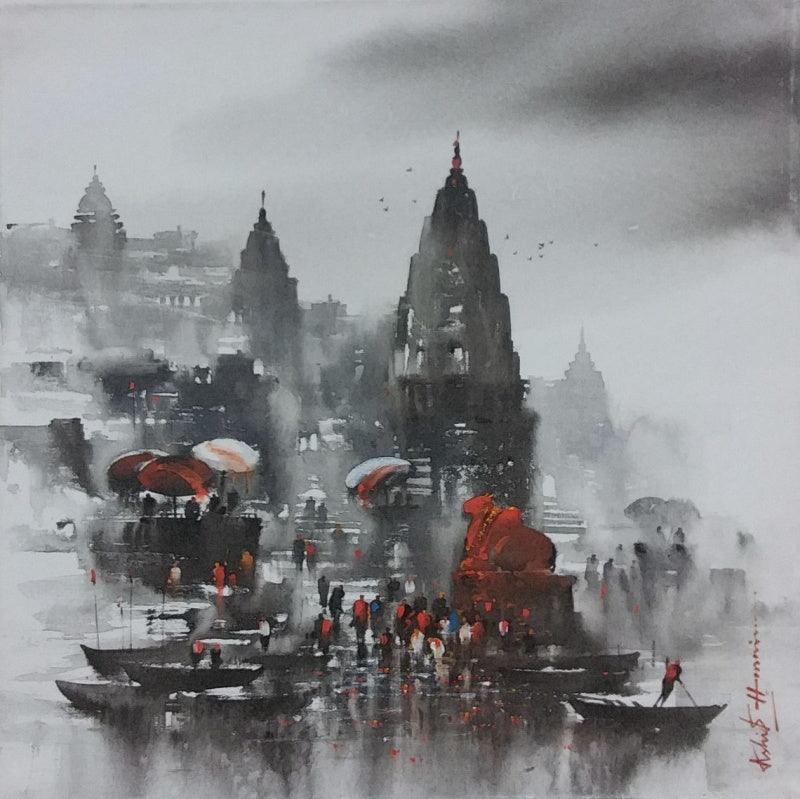 Cityscape acrylic painting titled 'Banaras Ghat 2', 24x24 inches, by artist Ashif Hossain on Canvas