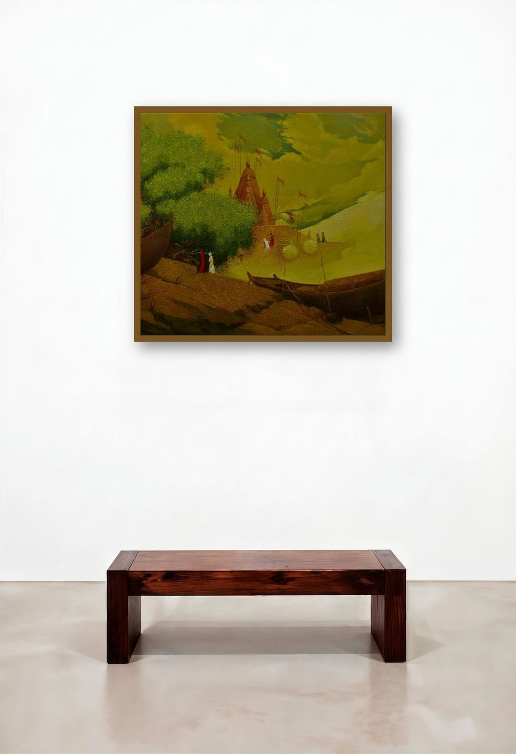 Banaras Ghat 2 (Dawn on the Ganges) by artist Basavaraj Nalakar displayed in a Luxury Bedroom
