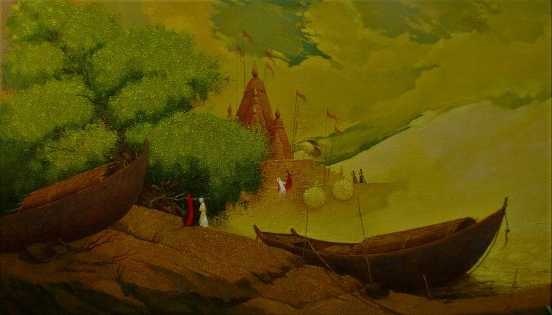 Cityscape acrylic painting titled 'Banaras Ghat 2', 36x61 inches, by artist Basavaraj Nalakar on Canvas