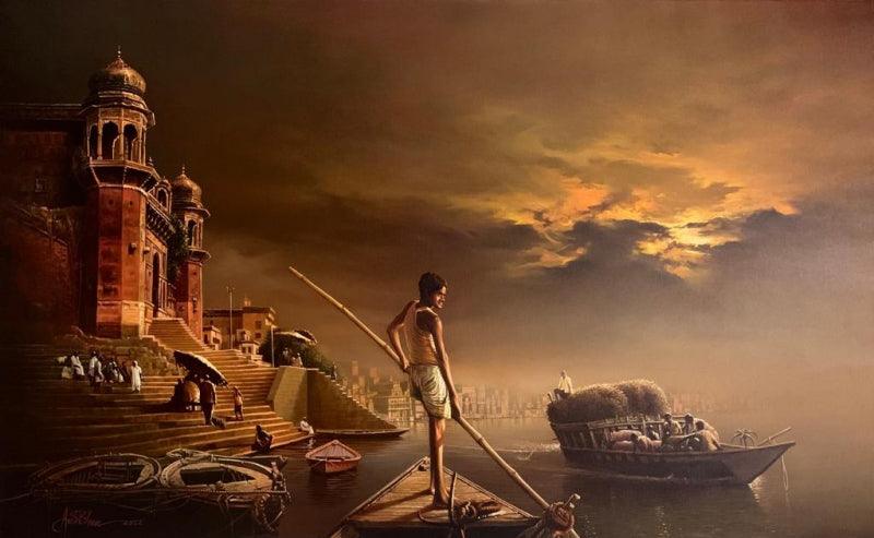 Cityscape acrylic oil painting titled 'Banaras Ghat 2', 30x48 inches, by artist Amit Bhar on Canvas