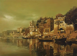 Cityscape oil painting titled 'Banaras Ghat 2', 48x36 inches, by artist Kamal Rao on Canvas