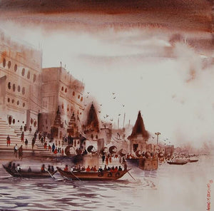 Cityscape acrylic painting titled 'Banaras Ghat 2', 30x30 inches, by artist Anand Bekwad on Canvas
