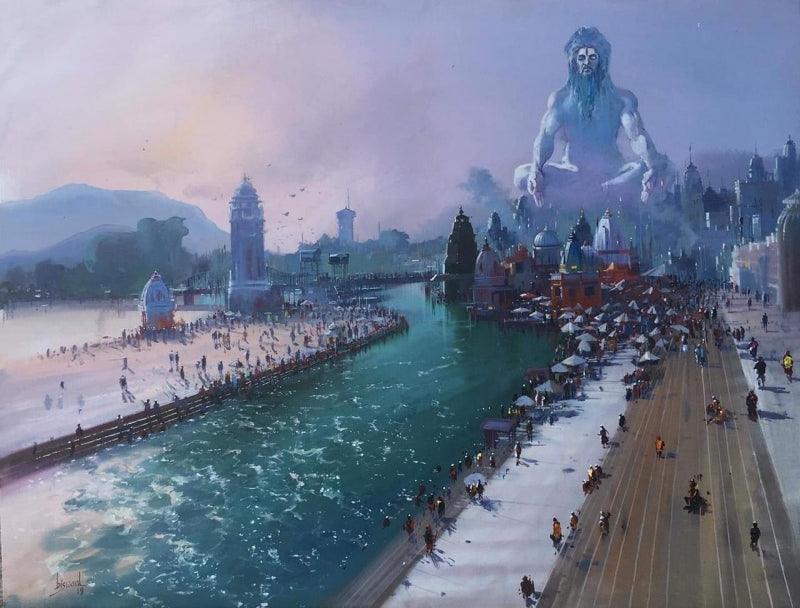 Religious acrylic painting titled 'Banaras Ghat 2', 36x48 inches, by artist Bijay Biswaal on Canvas