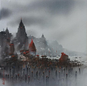 Cityscape acrylic painting titled 'Banaras Ghat 22', 24x24 inches, by artist Ashif Hossain on Canvas