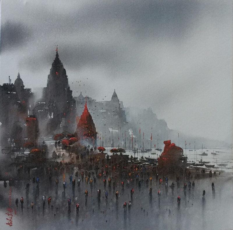 Cityscape acrylic painting titled 'Banaras Ghat 22', 24x24 inches, by artist Ashif Hossain on Canvas