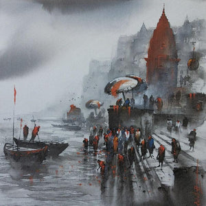 Cityscape acrylic painting titled 'Banaras Ghat 24', 24x24 inches, by artist Ashif Hossain on Canvas