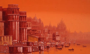 Cityscape oil painting titled 'Banaras Ghat 25', 36x60 inches, by artist Reba Mandal on Canvas