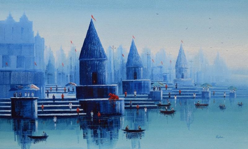 Cityscape oil painting titled 'Banaras Ghat 26', 36x60 inches, by artist Reba Mandal on Canvas