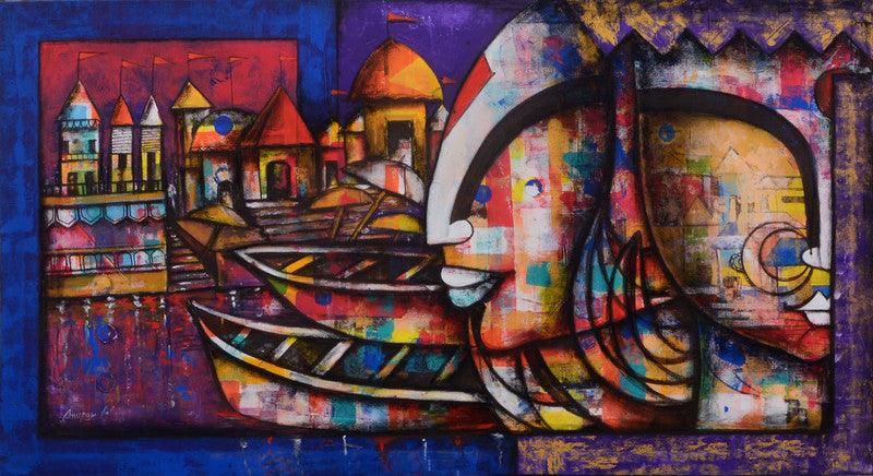 contemporary acrylic charcoal painting titled 'Banaras Ghat 3', 66x36 inches, by artist Anupam Pal on canvas