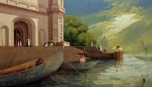 Banaras Ghat 3 (Life on the River) by Basavaraj Nalakar, Original Acrylic Cityscape Painting on Canvas, Large Horizontal Wall Art