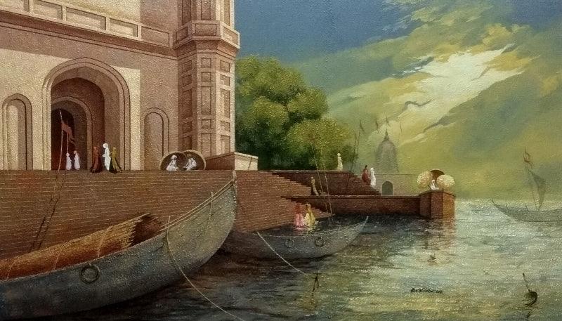 Cityscape acrylic painting titled 'Banaras Ghat 3', 36x61 inches, by artist Basavaraj Nalakar on Canvas