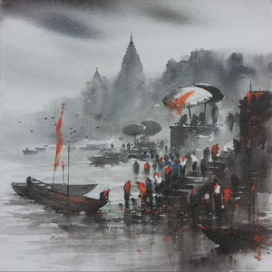 Cityscape acrylic painting titled 'Banaras Ghat 3', 24x24 inches, by artist Ashif Hossain on Canvas