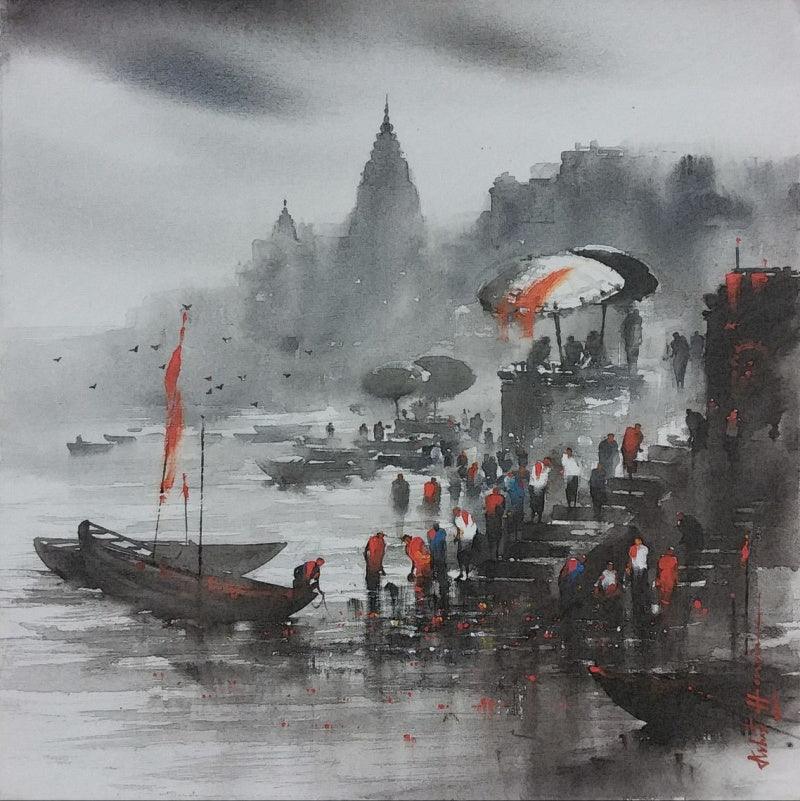 Cityscape acrylic painting titled 'Banaras Ghat 3', 24x24 inches, by artist Ashif Hossain on Canvas