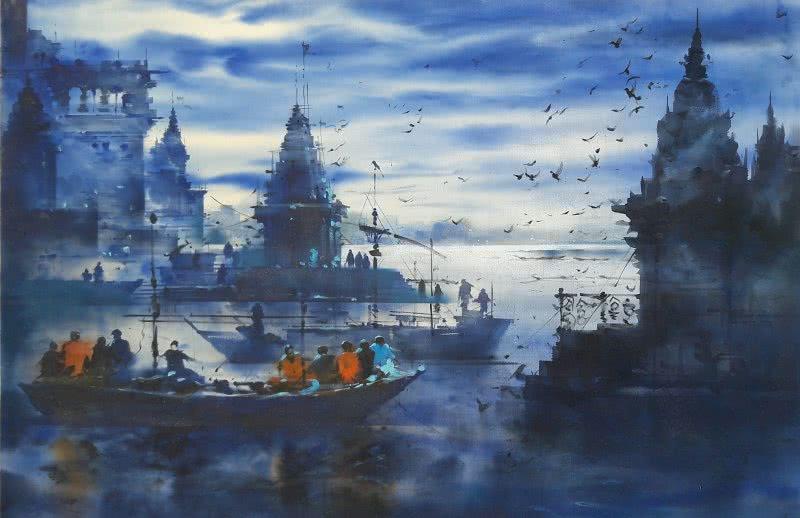 Landscape acrylic painting titled 'Banaras Ghat 4', 36x54 inches, by artist Sandeep Chhatraband on Canvas