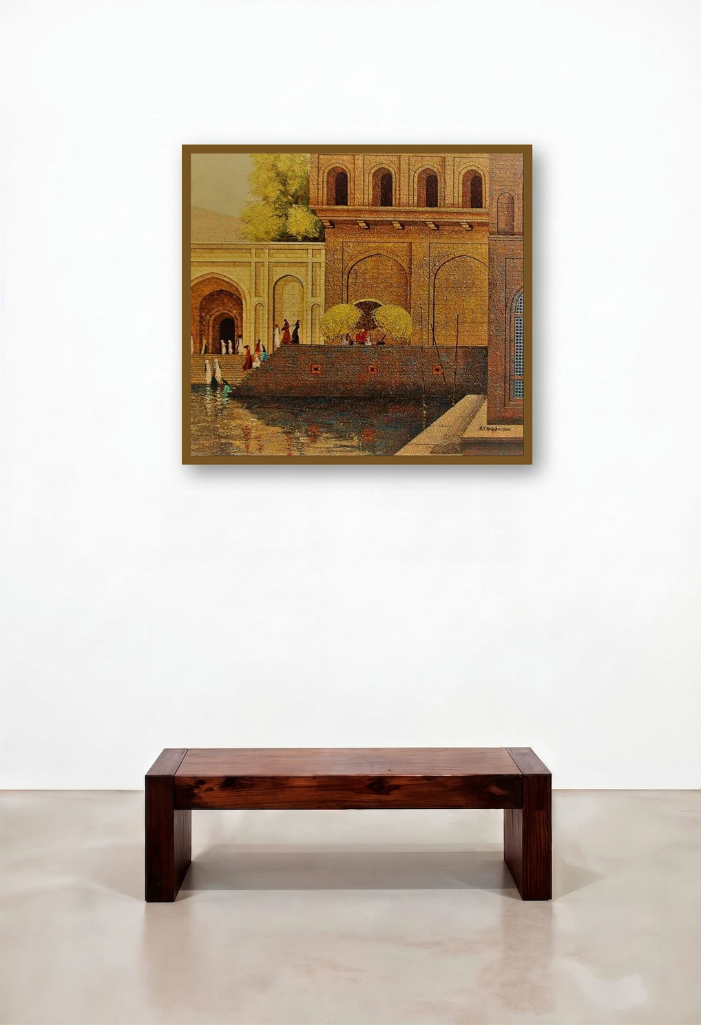 Banaras Ghat 4 (The Sacred Bath) by artist Basavaraj Nalakar displayed in a Designer Reception Area