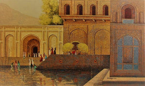 Banaras Ghat 4 (The Sacred Bath) by Basavaraj Nalakar, Original Acrylic Cityscape Painting on Canvas, Large Horizontal Wall Art