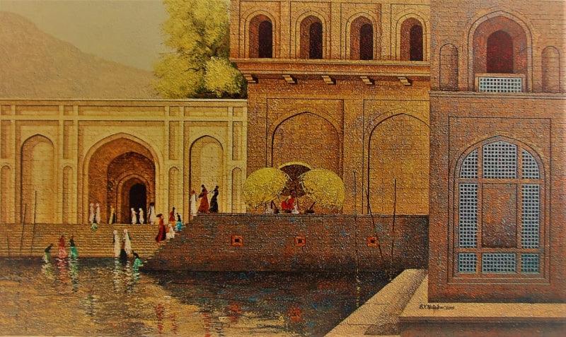 Cityscape acrylic painting titled 'Banaras Ghat 4', 36x61 inches, by artist Basavaraj Nalakar on Canvas
