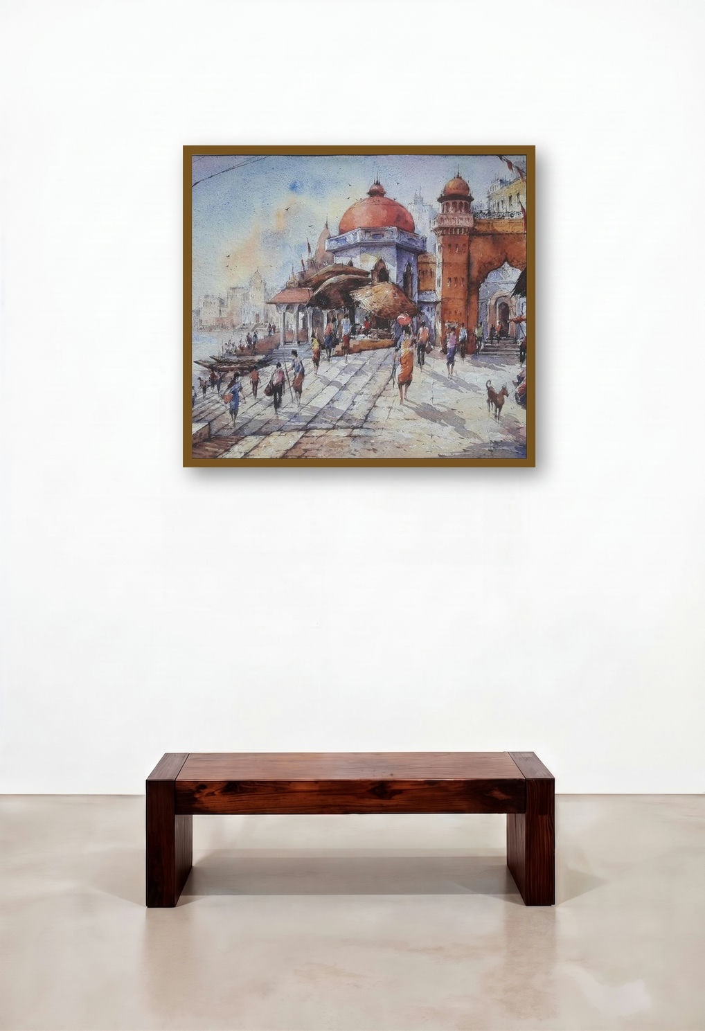 Banaras Ghat 4 (Varanasi Ghats Watercolor Painting) by artist Shubhashis Mandal displayed in a Contemporary Luxury Penthouse