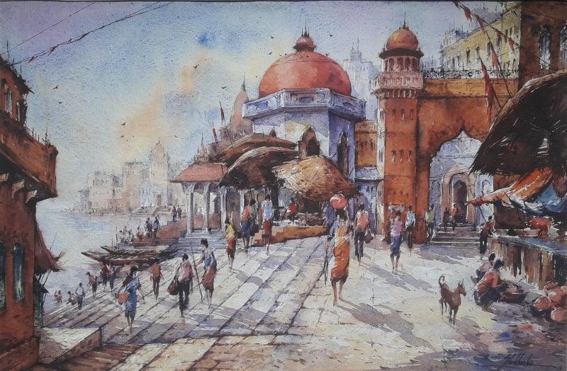 Religious watercolor painting titled 'Banaras Ghat 4', 15x22 inches, by artist SHUBHASHIS MANDAL on Handmade paper