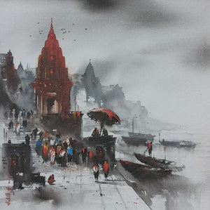 Cityscape acrylic painting titled 'Banaras Ghat 4', 24x24 inches, by artist Ashif Hossain on Canvas