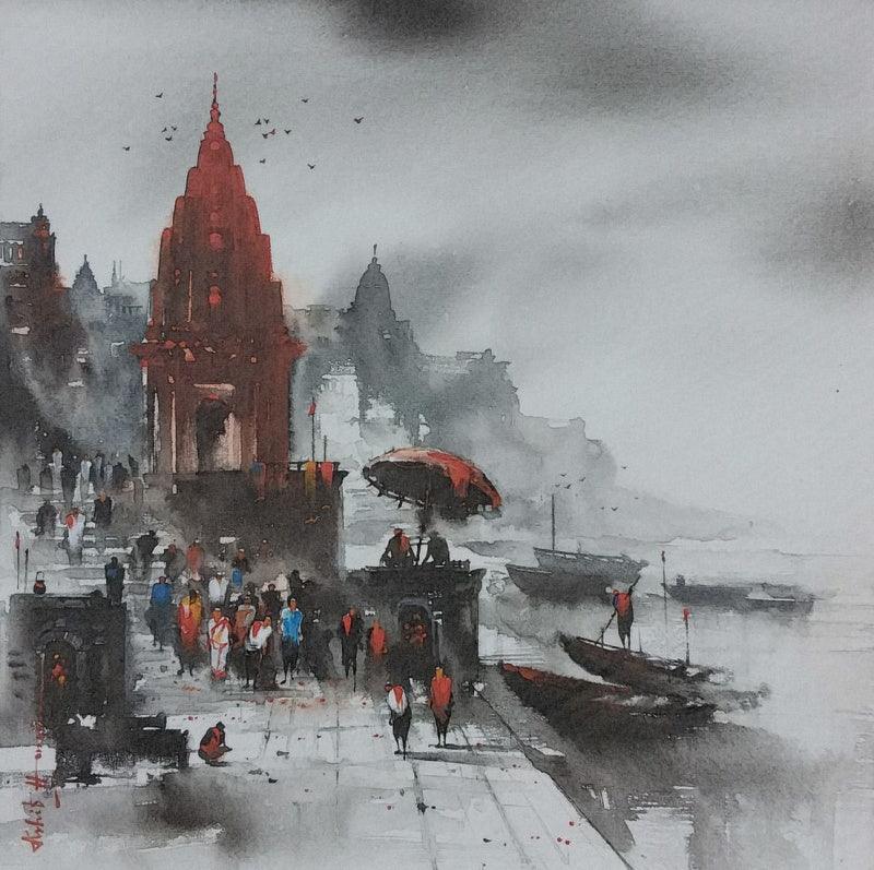Cityscape acrylic painting titled 'Banaras Ghat 4', 24x24 inches, by artist Ashif Hossain on Canvas