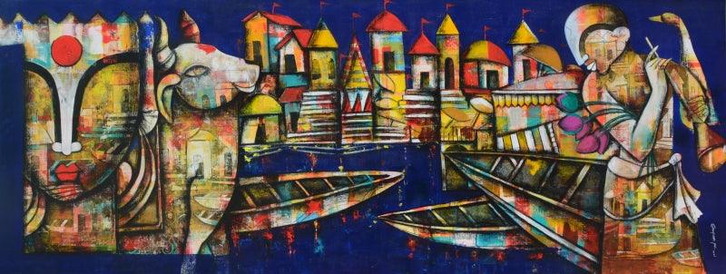 contemporary mixed media painting titled 'Banaras Ghat 4', 96x36 inches, by artist Anupam Pal on Canvas
