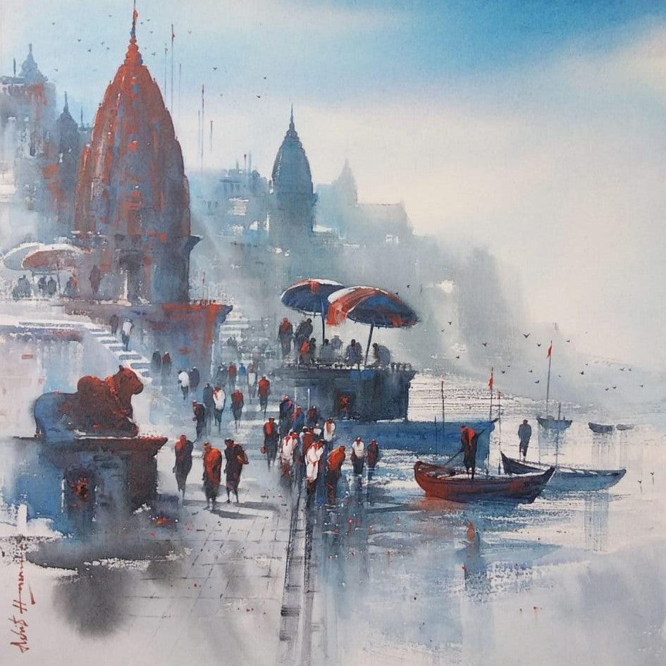 Cityscape acrylic painting titled 'Banaras Ghat 45', 36x36 inches, by artist Ashif Hossain on Canvas