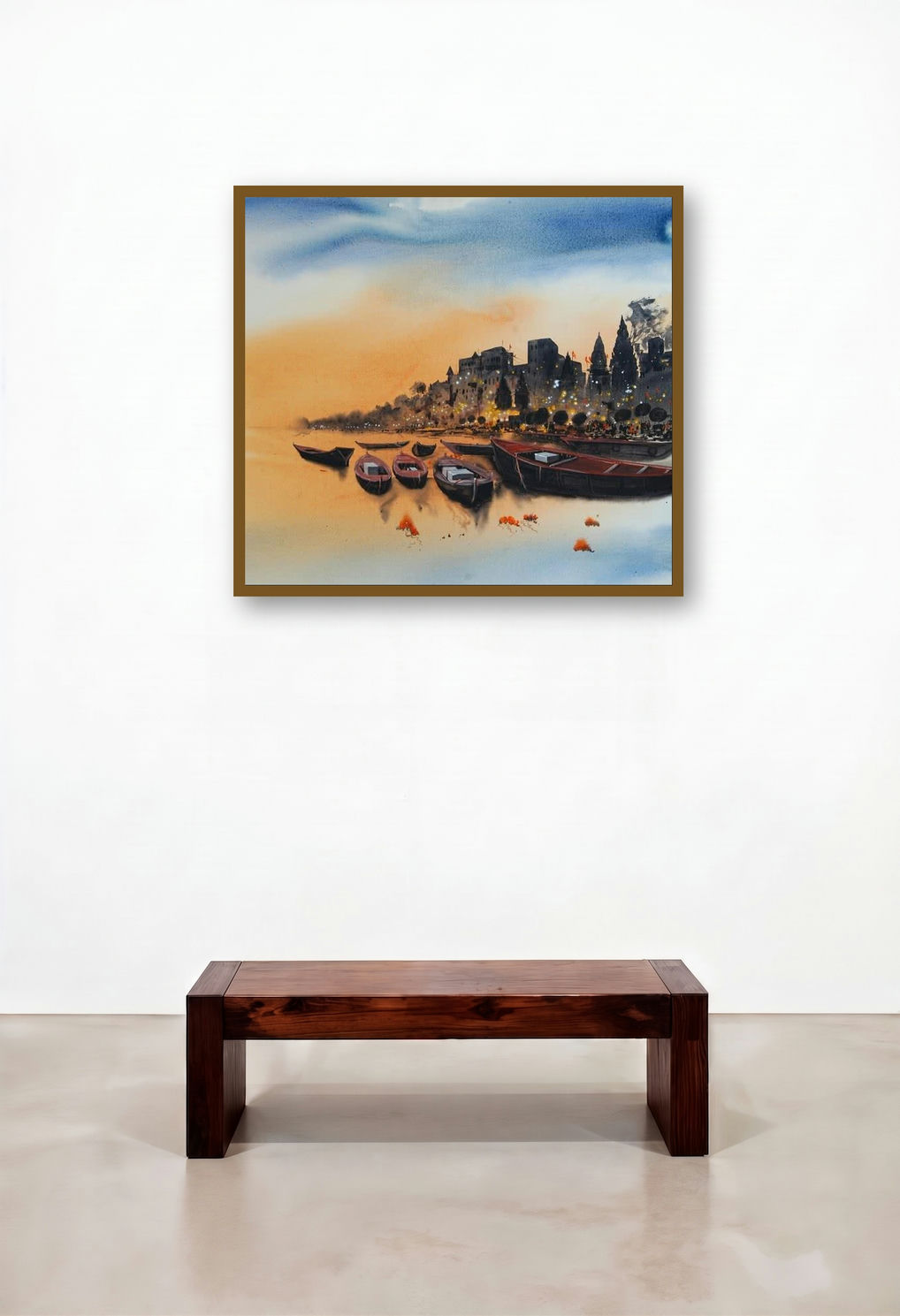 Banaras Ghat 5 (Twilight on the Ganges) by artist Anand Bekwad displayed in a Rustic Dining Room