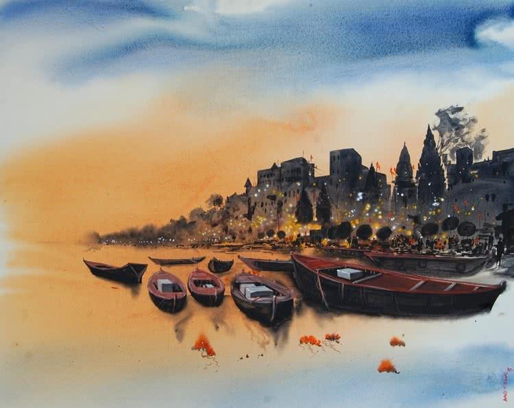 Cityscape acrylic painting titled 'Banaras Ghat 5', 48x60 inches, by artist Anand Bekwad on Canvas