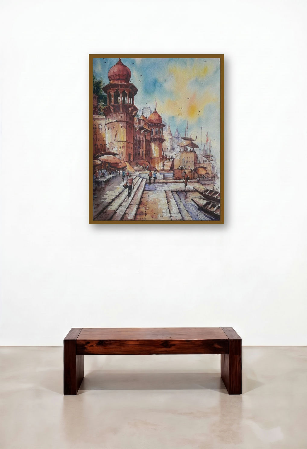 Banaras Ghat 5 (Varanasi Ghat at Sunset) by artist Shubhashis Mandal displayed in a Coastal Hotel Lobby