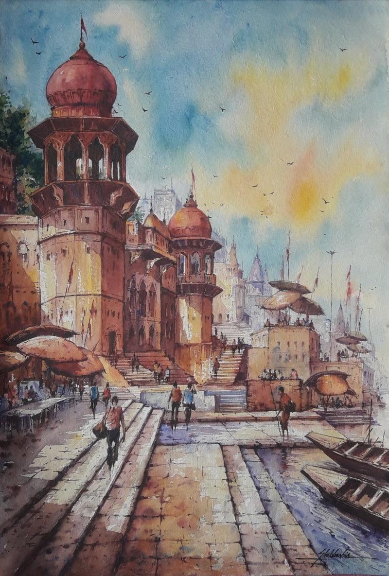 Religious watercolor painting titled 'Banaras Ghat 5', 22x15 inches, by artist SHUBHASHIS MANDAL on Handmade paper