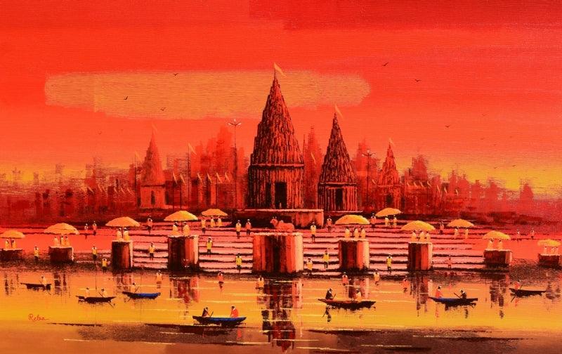 Religious acrylic painting titled 'Banaras Ghat 51', 30x48 inches, by artist Reba Mandal on Canvas