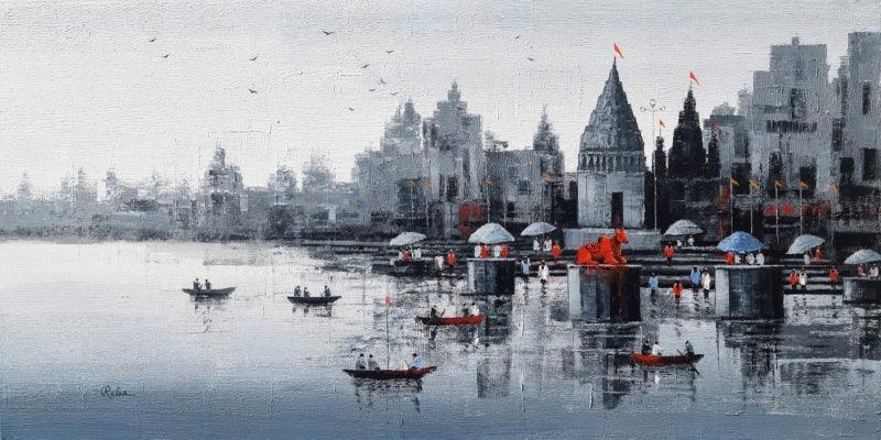 Religious acrylic painting titled 'Banaras Ghat 54', 24x48 inches, by artist Reba Mandal on Canvas