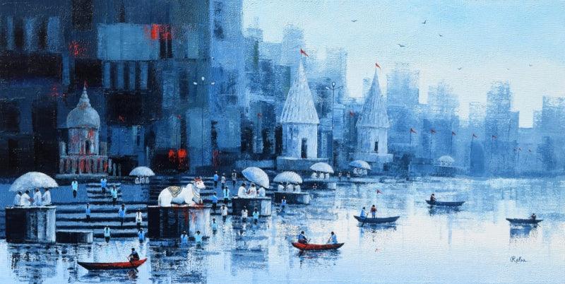 Religious acrylic painting titled 'Banaras Ghat 55', 24x48 inches, by artist Reba Mandal on Canvas